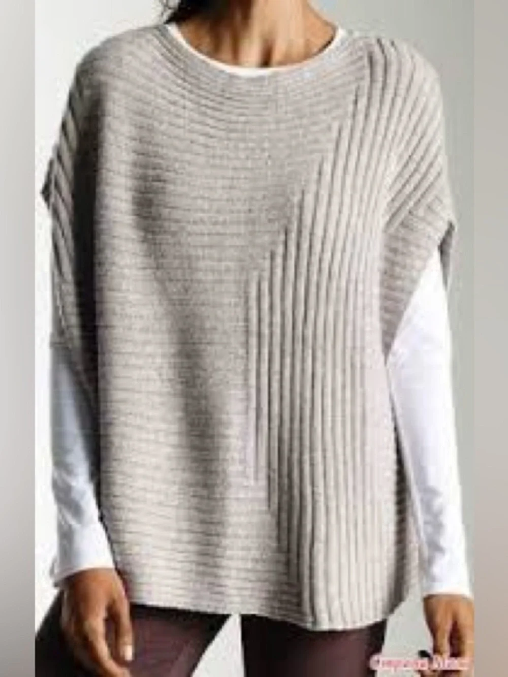 Pure Jill Linen Wool Blend Poncho Heather Gray Ribbed Crewneck Sweater XS/S